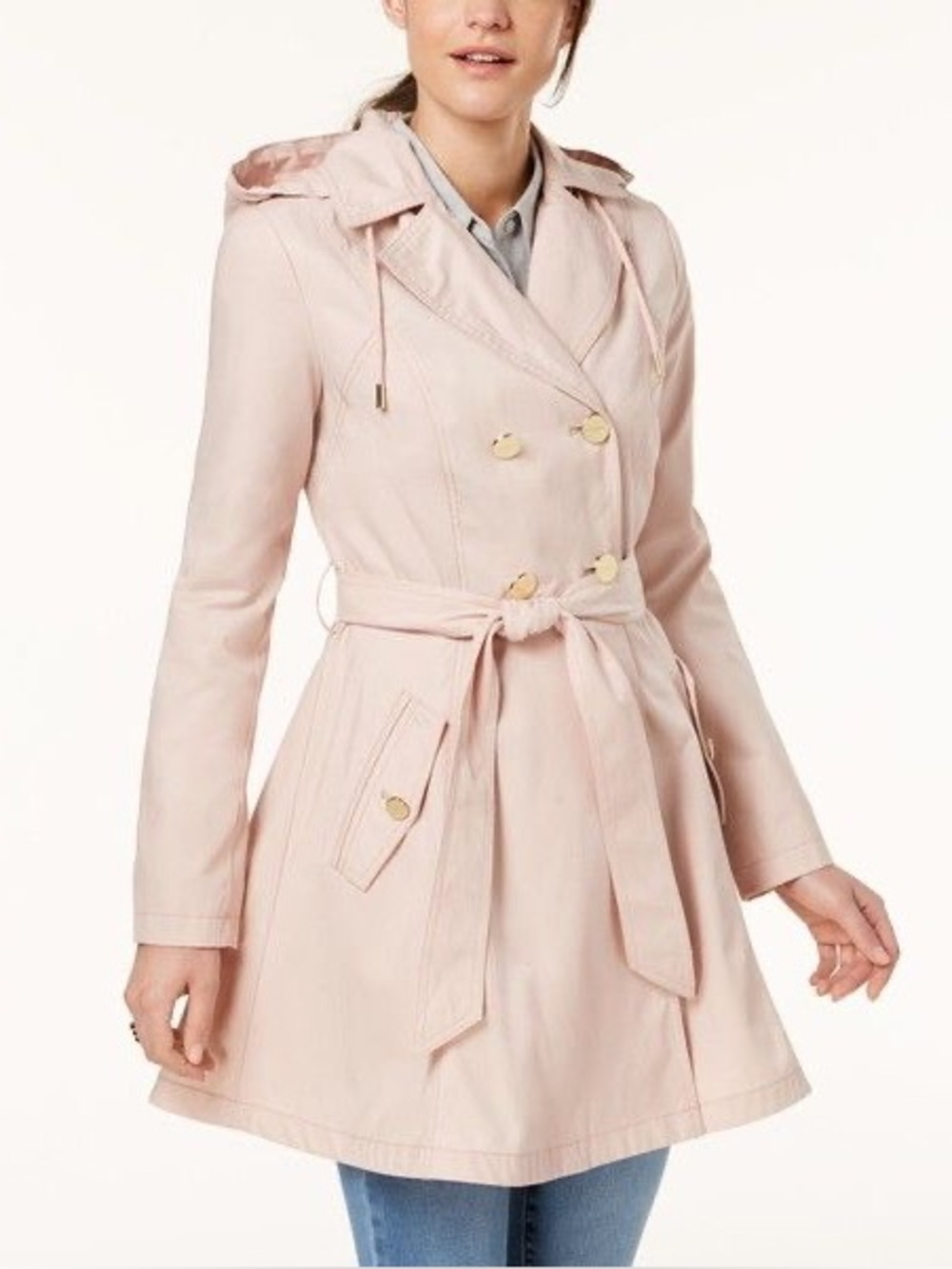 LAUNDRY BY SHELLI SEGAL Blush Pink Hooded Double Breasted Medium Trench Coat
